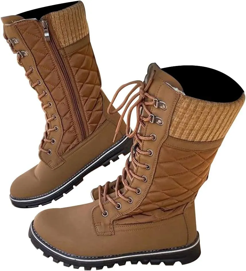 Bcshiye Winter Boots for Women Mid-Calf Boots Lace Up Side Zipper Knight Boots Slip-On Fashion Casual Combat Boots