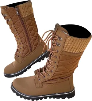 Bcshiye Winter Boots for Women Mid-Calf Boots Lace Up Side Zipper Knight Boots Slip-On Fashion Casual Combat Boots