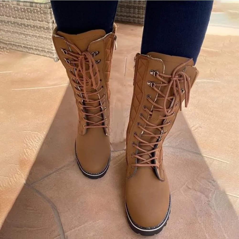 Bcshiye Winter Boots for Women Mid-Calf Boots Lace Up Side Zipper Knight Boots Slip-On Fashion Casual Combat Boots