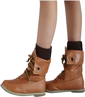 Bcshiye Women Retro Ankle Boots Arch Support Mid Calf Combat Boots Casual Flat Lace-up Round Toe Motorcycle Boots