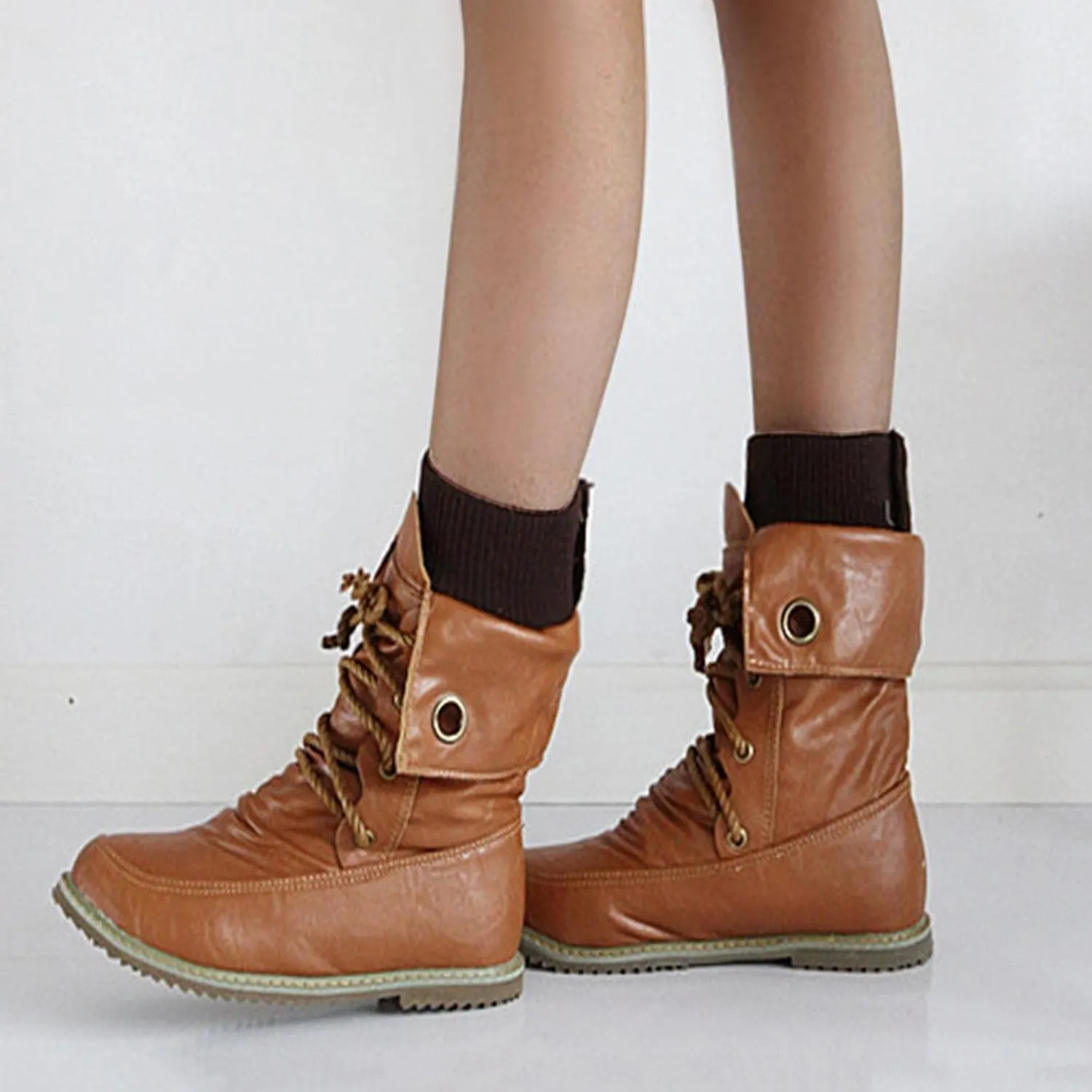 Bcshiye Women Retro Ankle Boots Arch Support Mid Calf Combat Boots Casual Flat Lace-up Round Toe Motorcycle Boots