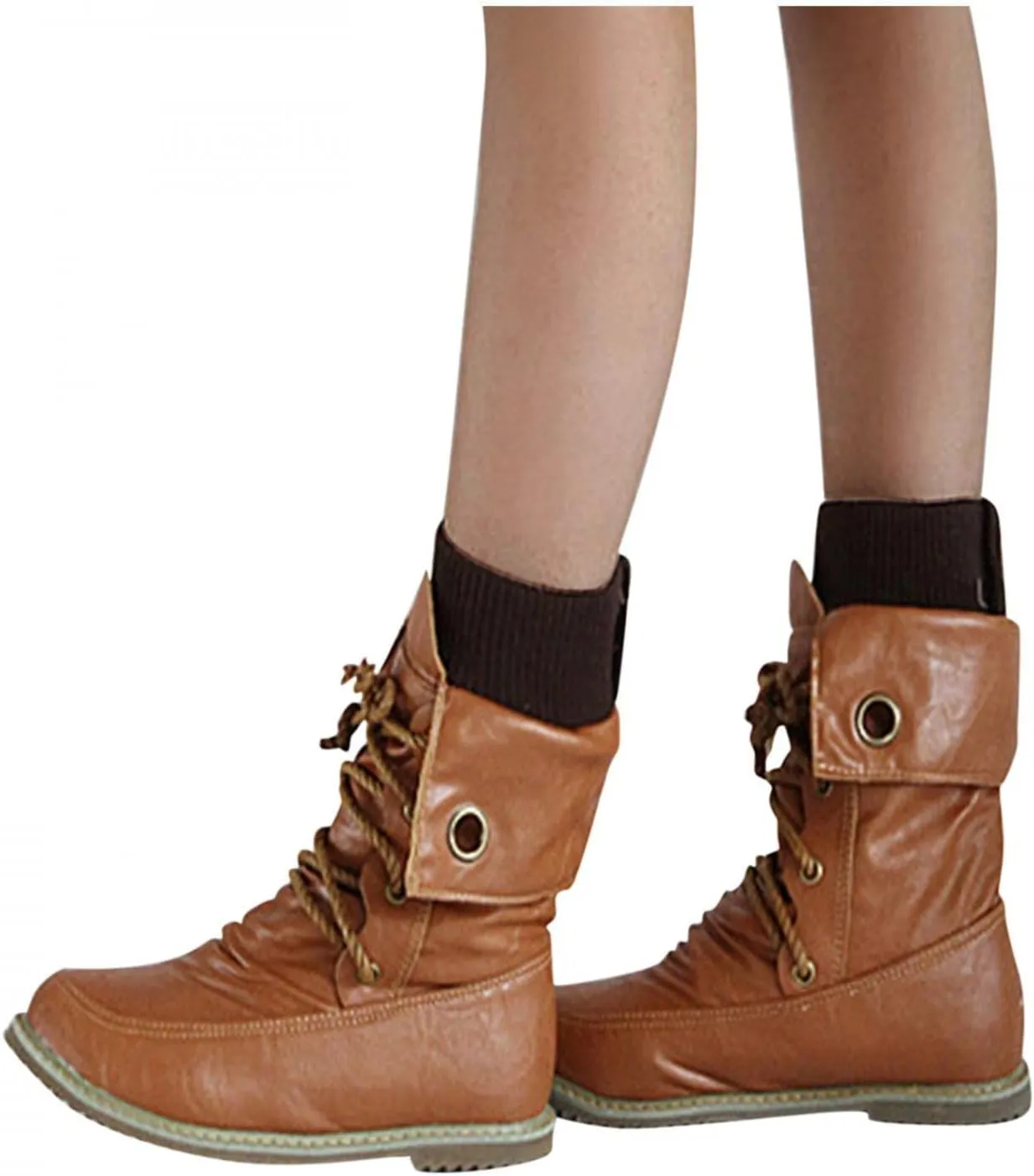 Bcshiye Women Retro Ankle Boots Arch Support Mid Calf Combat Boots Casual Flat Lace-up Round Toe Motorcycle Boots
