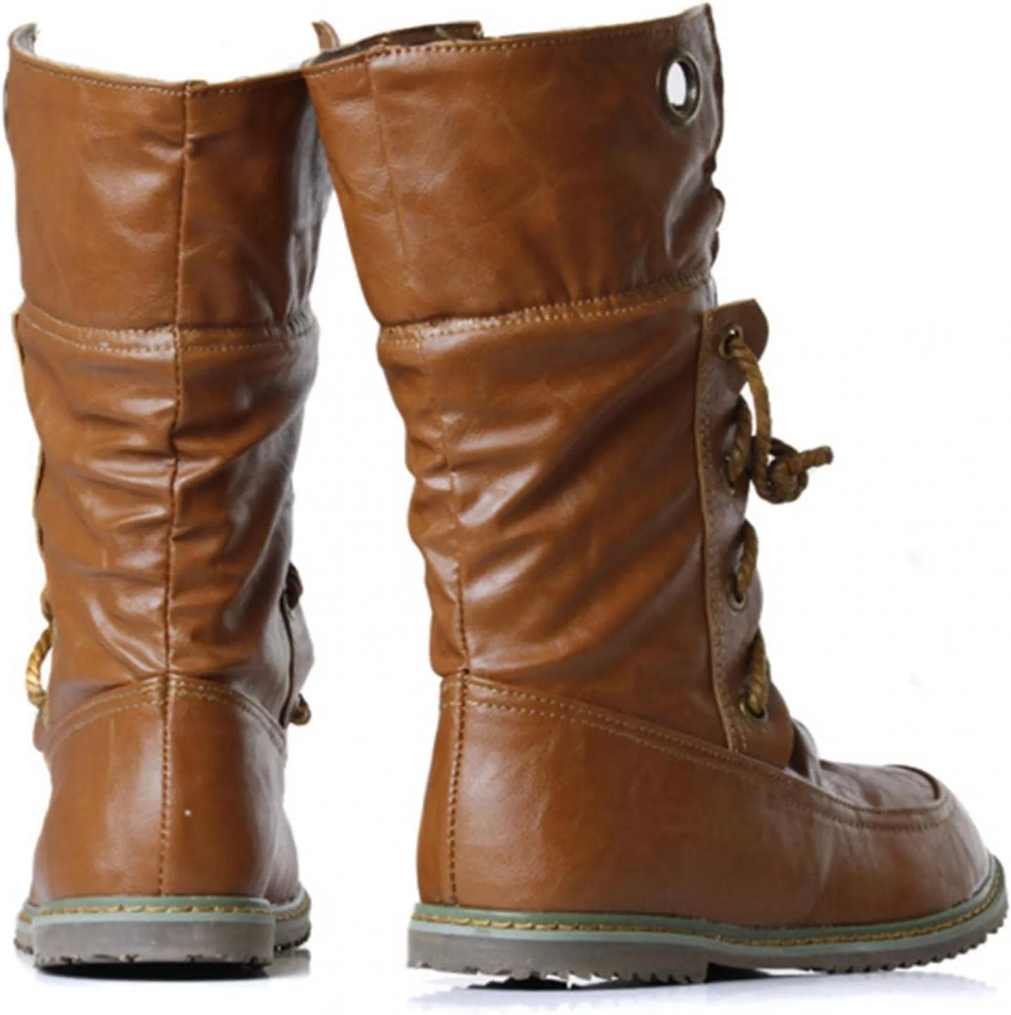 Bcshiye Women Retro Ankle Boots Arch Support Mid Calf Combat Boots Casual Flat Lace-up Round Toe Motorcycle Boots