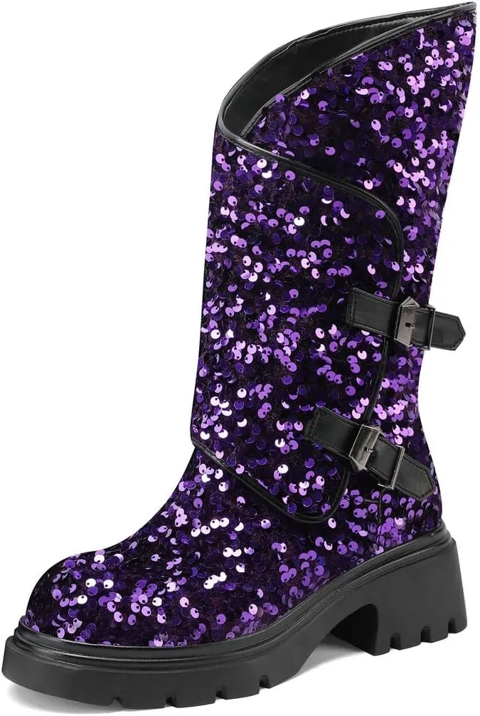DINTAHA Sparkly Sequin Platform Boots Biker Motorcycle Riding Boots Chunky Mid Calf Heeled Boots