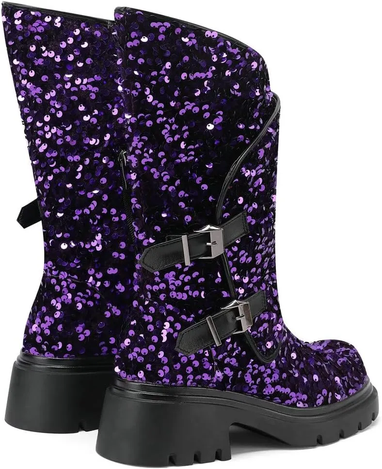 DINTAHA Sparkly Sequin Platform Boots Biker Motorcycle Riding Boots Chunky Mid Calf Heeled Boots