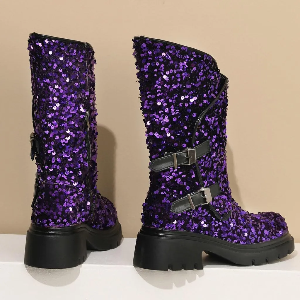 DINTAHA Sparkly Sequin Platform Boots Biker Motorcycle Riding Boots Chunky Mid Calf Heeled Boots