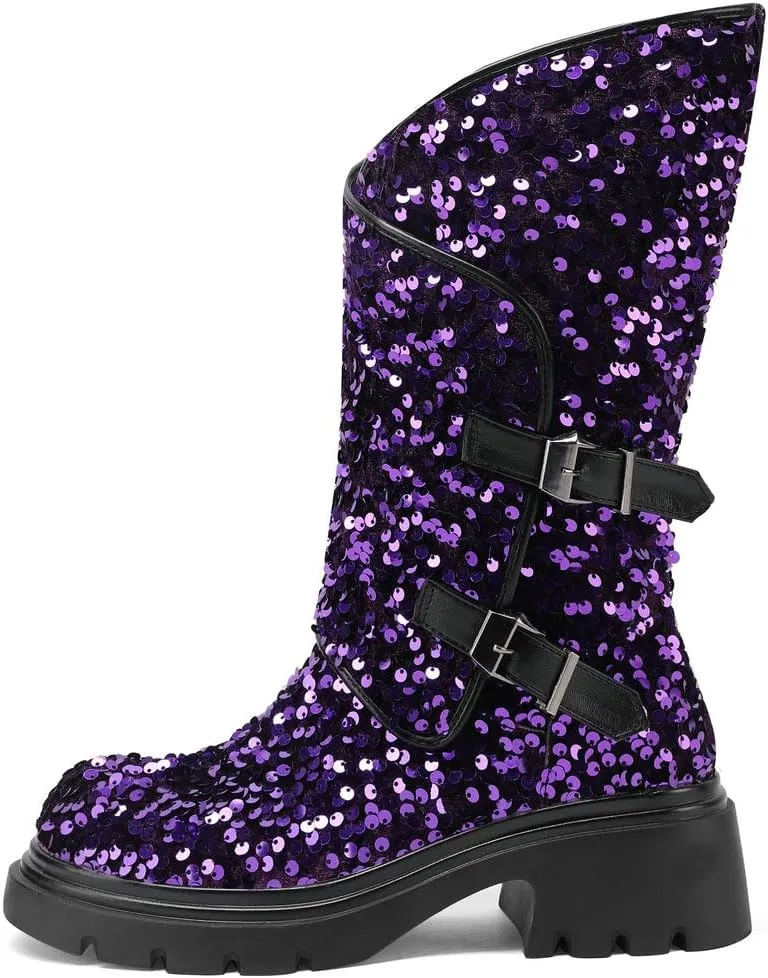 DINTAHA Sparkly Sequin Platform Boots Biker Motorcycle Riding Boots Chunky Mid Calf Heeled Boots