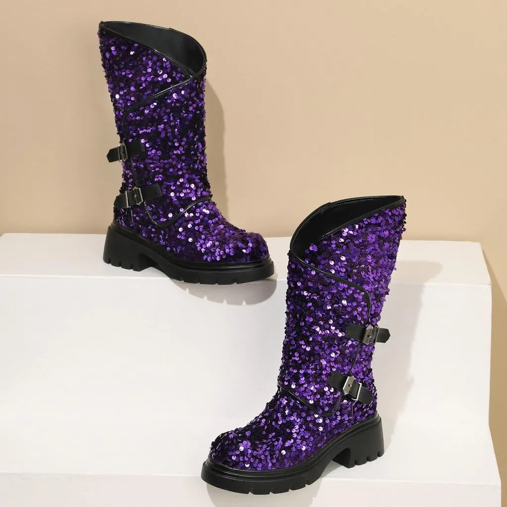 DINTAHA Sparkly Sequin Platform Boots Biker Motorcycle Riding Boots Chunky Mid Calf Heeled Boots