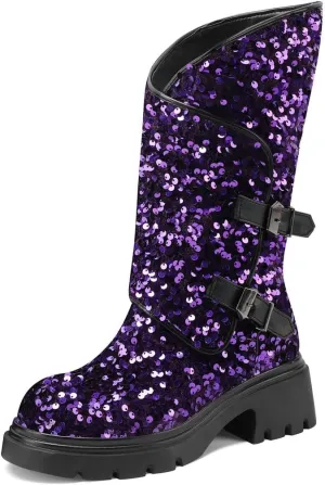 DINTAHA Sparkly Sequin Platform Boots Biker Motorcycle Riding Boots Chunky Mid Calf Heeled Boots