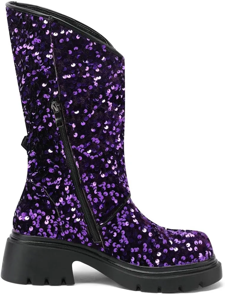 DINTAHA Sparkly Sequin Platform Boots Biker Motorcycle Riding Boots Chunky Mid Calf Heeled Boots