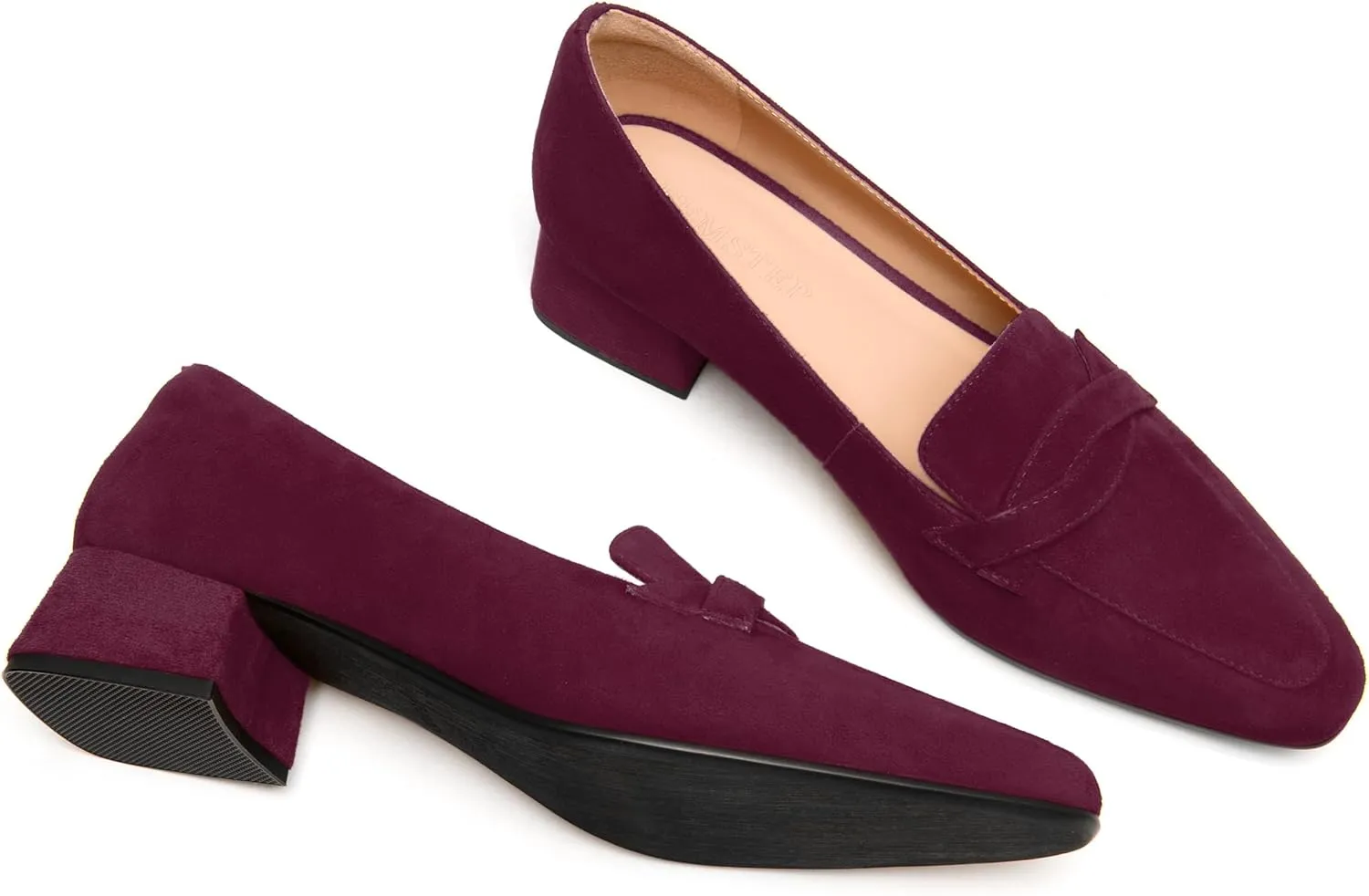 FEMSTEP Womens Slip On Work Casual Suede Leather Square Toe Chunky Low Heel Loafers Shoes 1.5 Inch