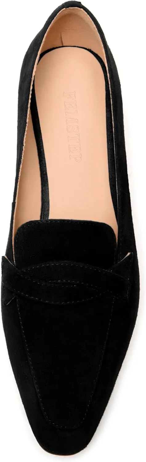 FEMSTEP Womens Slip On Work Casual Suede Leather Square Toe Chunky Low Heel Loafers Shoes 1.5 Inch