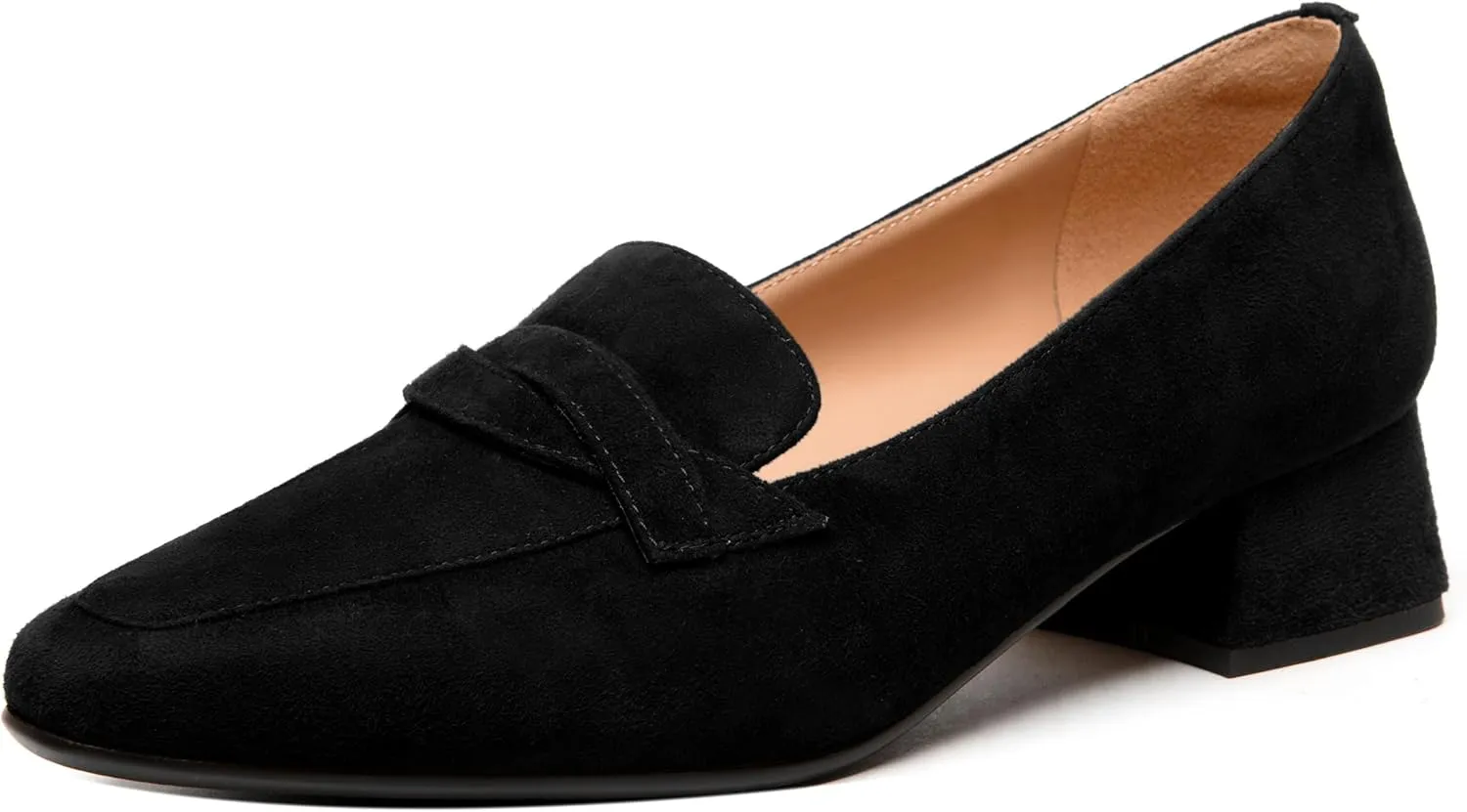 FEMSTEP Womens Slip On Work Casual Suede Leather Square Toe Chunky Low Heel Loafers Shoes 1.5 Inch
