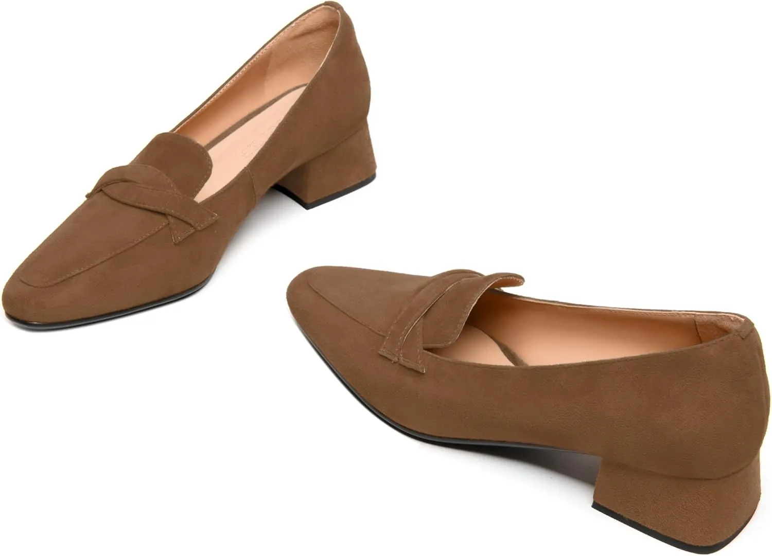 FEMSTEP Womens Slip On Work Casual Suede Leather Square Toe Chunky Low Heel Loafers Shoes 1.5 Inch
