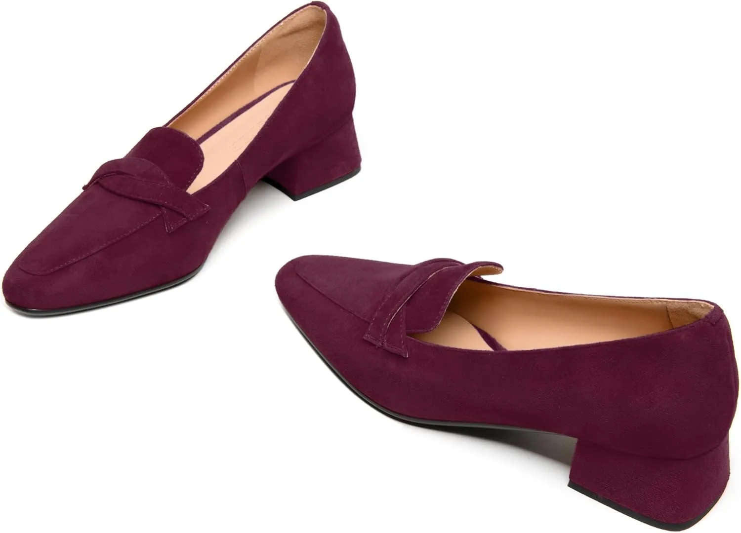 FEMSTEP Womens Slip On Work Casual Suede Leather Square Toe Chunky Low Heel Loafers Shoes 1.5 Inch