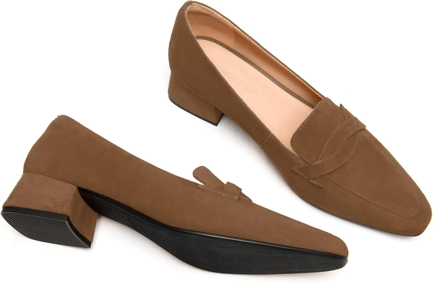 FEMSTEP Womens Slip On Work Casual Suede Leather Square Toe Chunky Low Heel Loafers Shoes 1.5 Inch