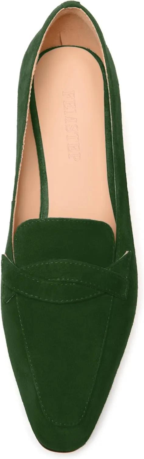 FEMSTEP Womens Slip On Work Casual Suede Leather Square Toe Chunky Low Heel Loafers Shoes 1.5 Inch