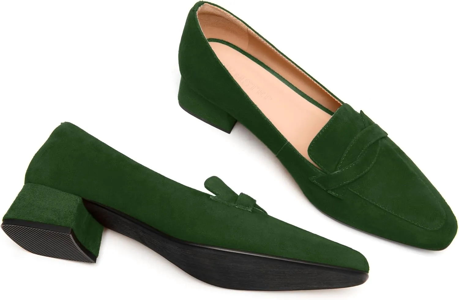 FEMSTEP Womens Slip On Work Casual Suede Leather Square Toe Chunky Low Heel Loafers Shoes 1.5 Inch