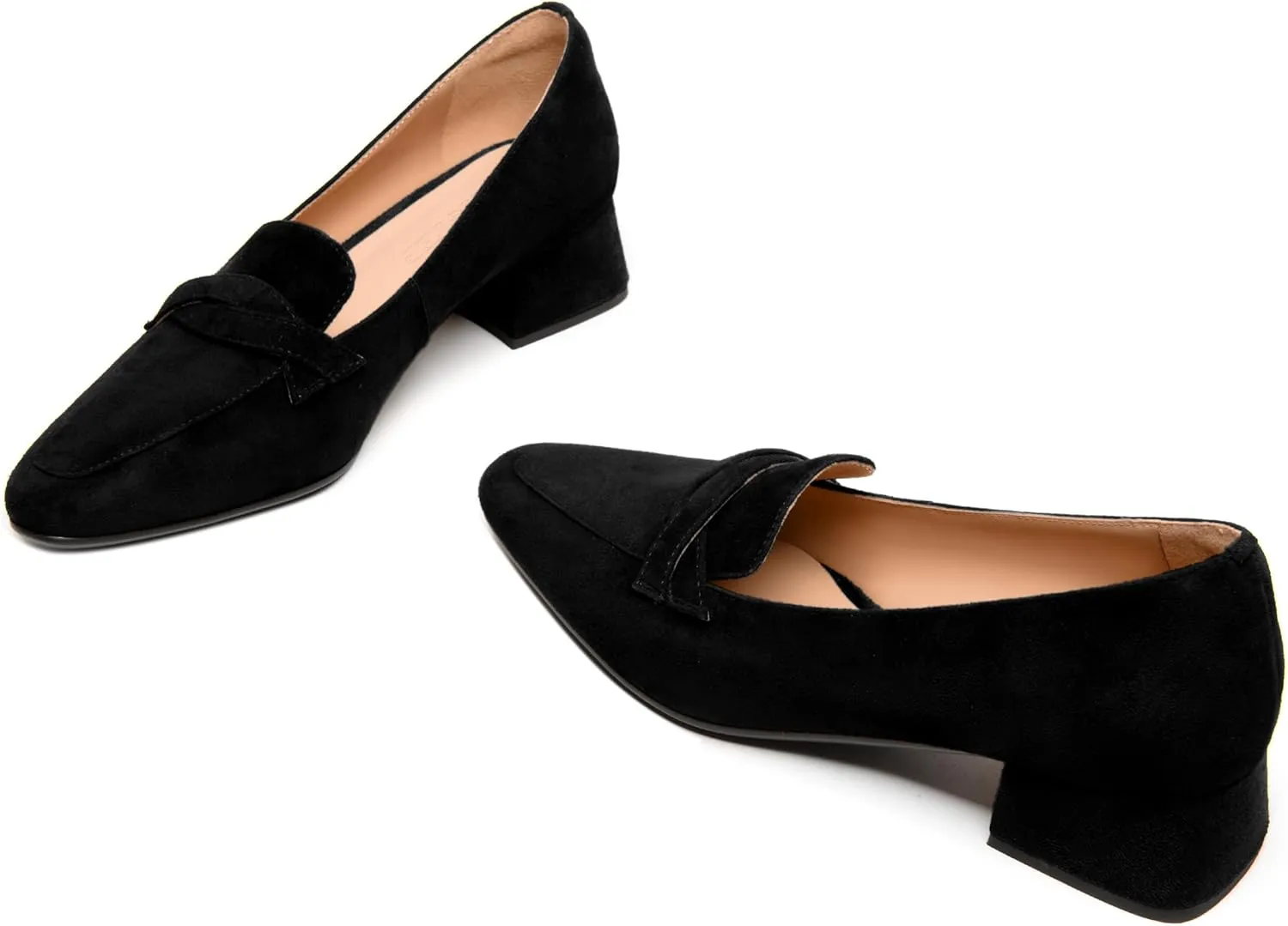 FEMSTEP Womens Slip On Work Casual Suede Leather Square Toe Chunky Low Heel Loafers Shoes 1.5 Inch