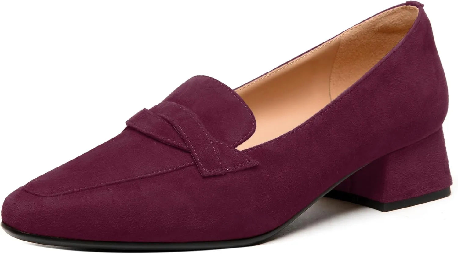 FEMSTEP Womens Slip On Work Casual Suede Leather Square Toe Chunky Low Heel Loafers Shoes 1.5 Inch