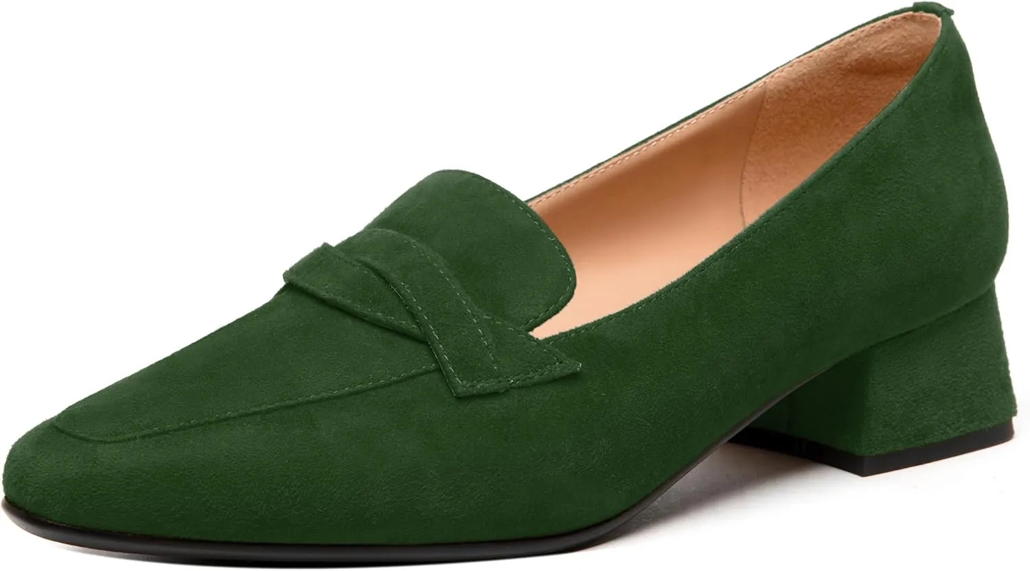 FEMSTEP Womens Slip On Work Casual Suede Leather Square Toe Chunky Low Heel Loafers Shoes 1.5 Inch