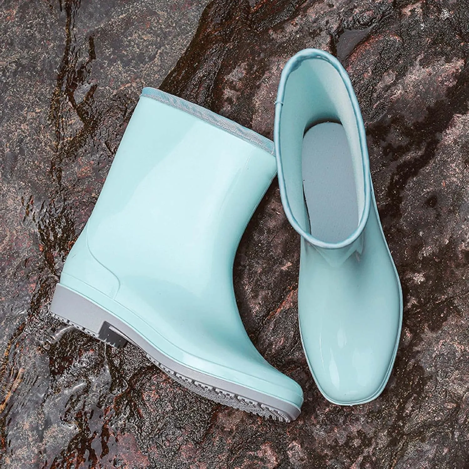 oiangi Rain Boots for Women Fashion Solid Waterproof Round Toe Chunky Thick Low Heel Slip-on Mid Calf Boots Casual Non-slip Shoes