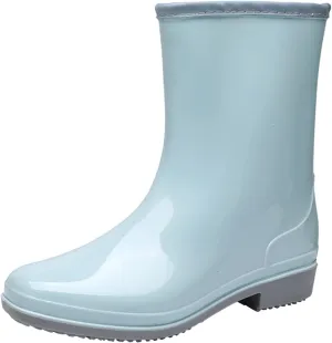 oiangi Rain Boots for Women Fashion Solid Waterproof Round Toe Chunky Thick Low Heel Slip-on Mid Calf Boots Casual Non-slip Shoes