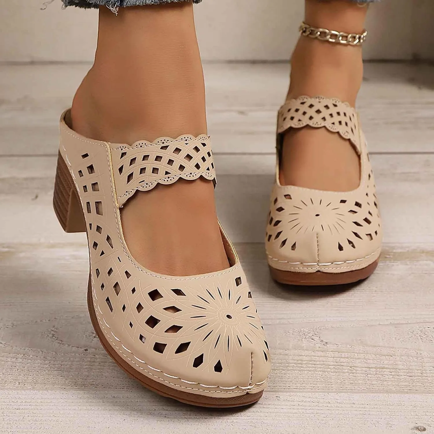 Orthopedic Sandals for Women Chunky Heel Soft Sole Breathable Casual Walking Hollow Out Closed Toe Comfort Sandals
