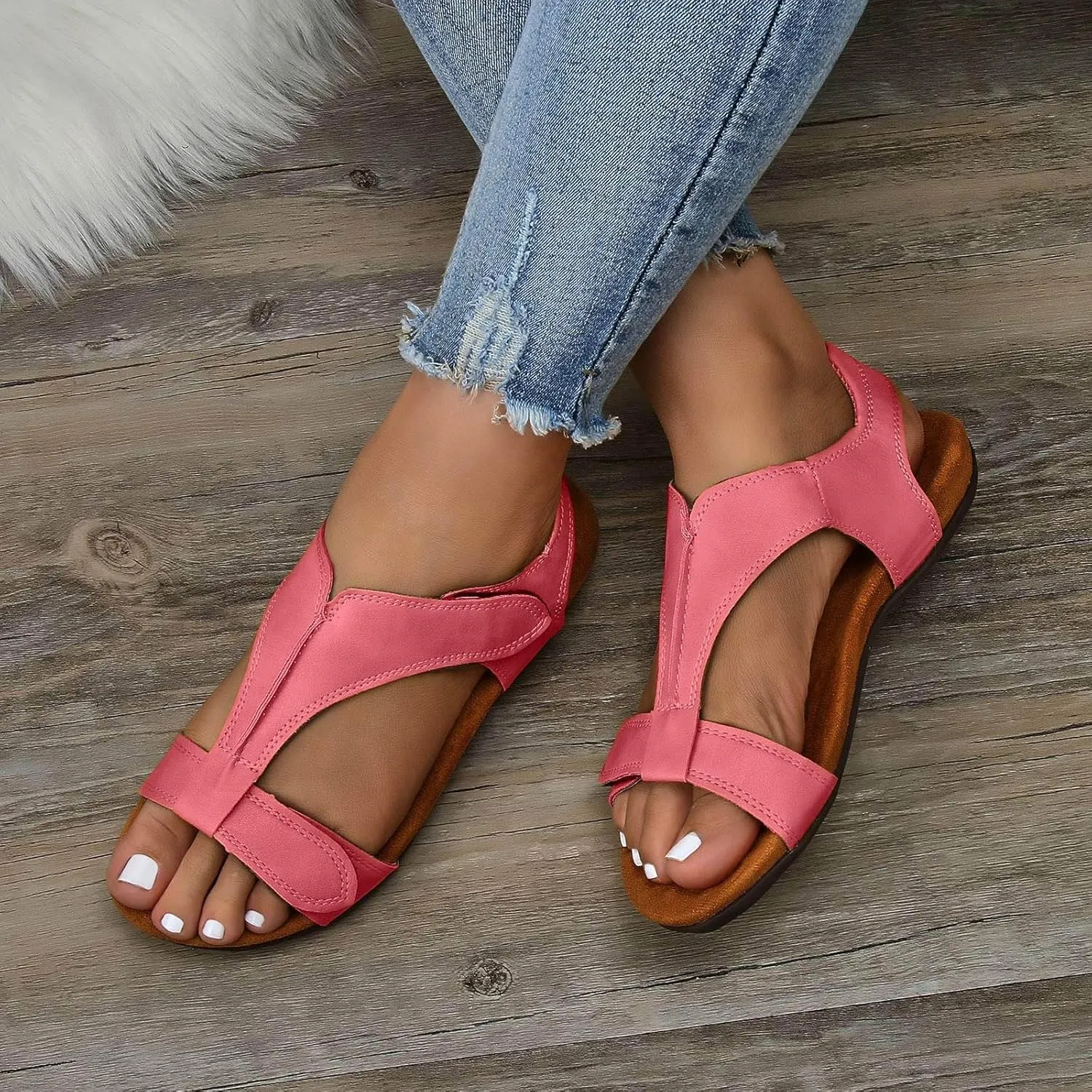 Orthowalkway Womens Comfy Orthotic Sandals Arch Support T-Strap Orthopedic Sandals Summer Casual Beach Flat Shoes