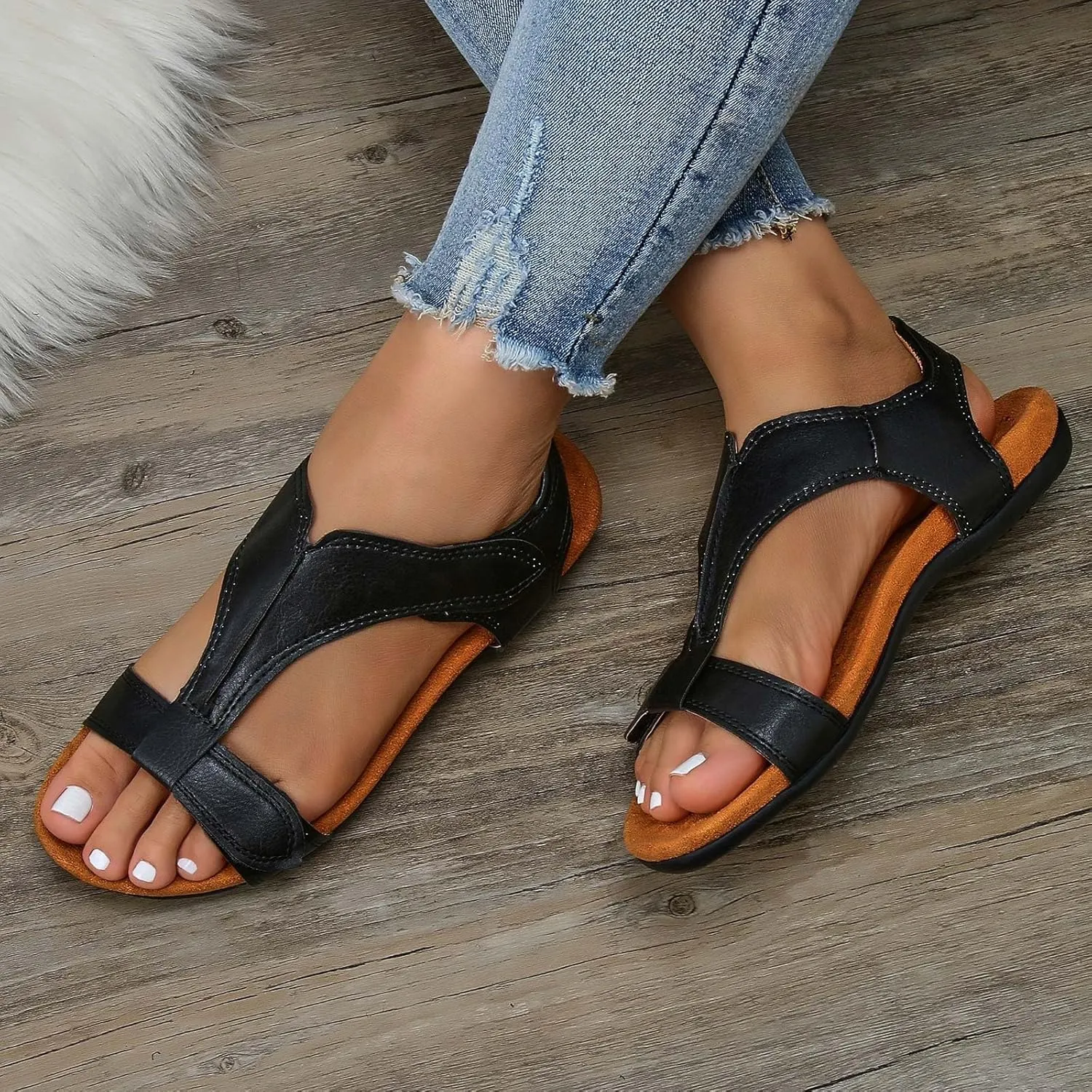Orthowalkway Womens Comfy Orthotic Sandals Arch Support T-Strap Orthopedic Sandals Summer Casual Beach Flat Shoes