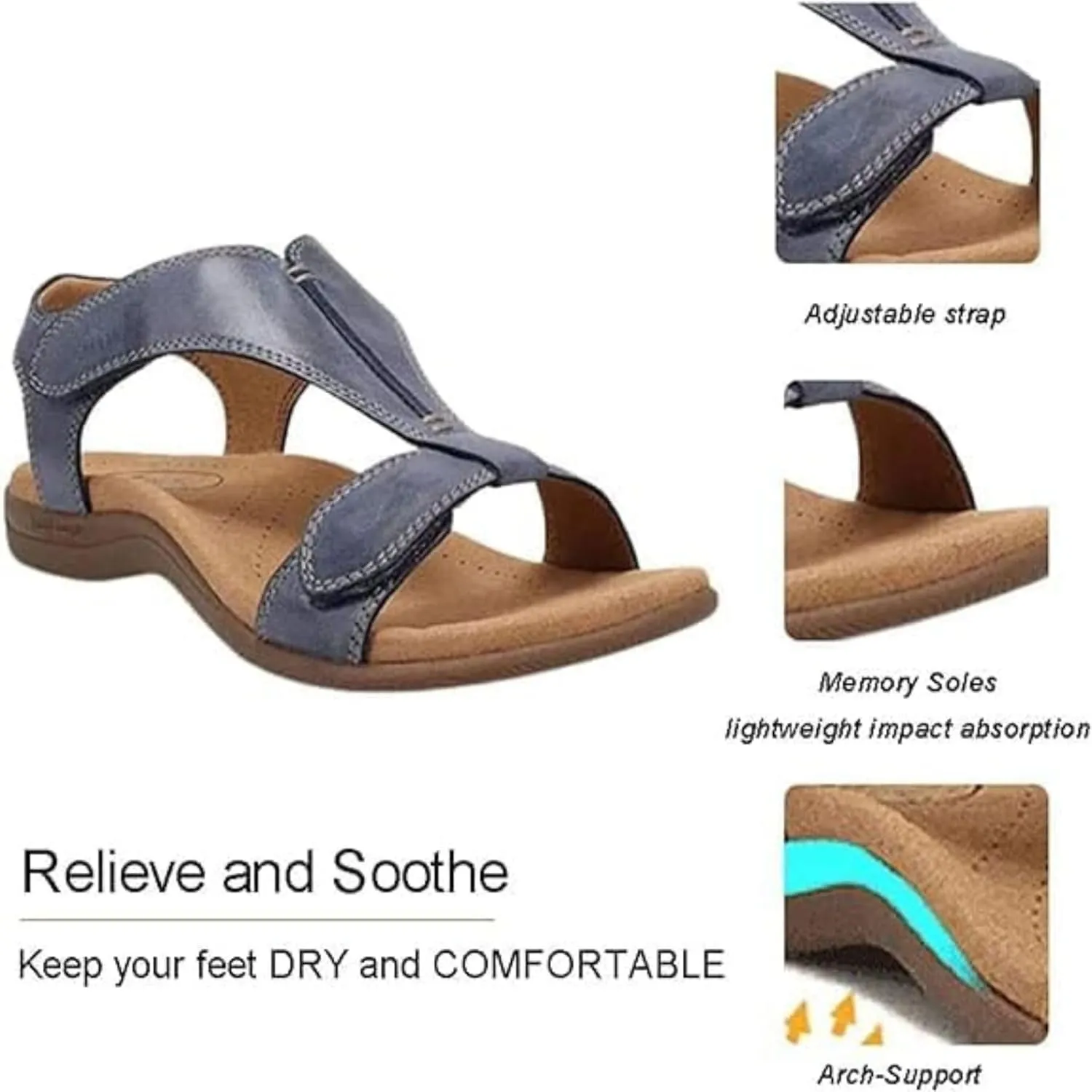 Orthowalkway Womens Comfy Orthotic Sandals Arch Support T-Strap Orthopedic Sandals Summer Casual Beach Flat Shoes