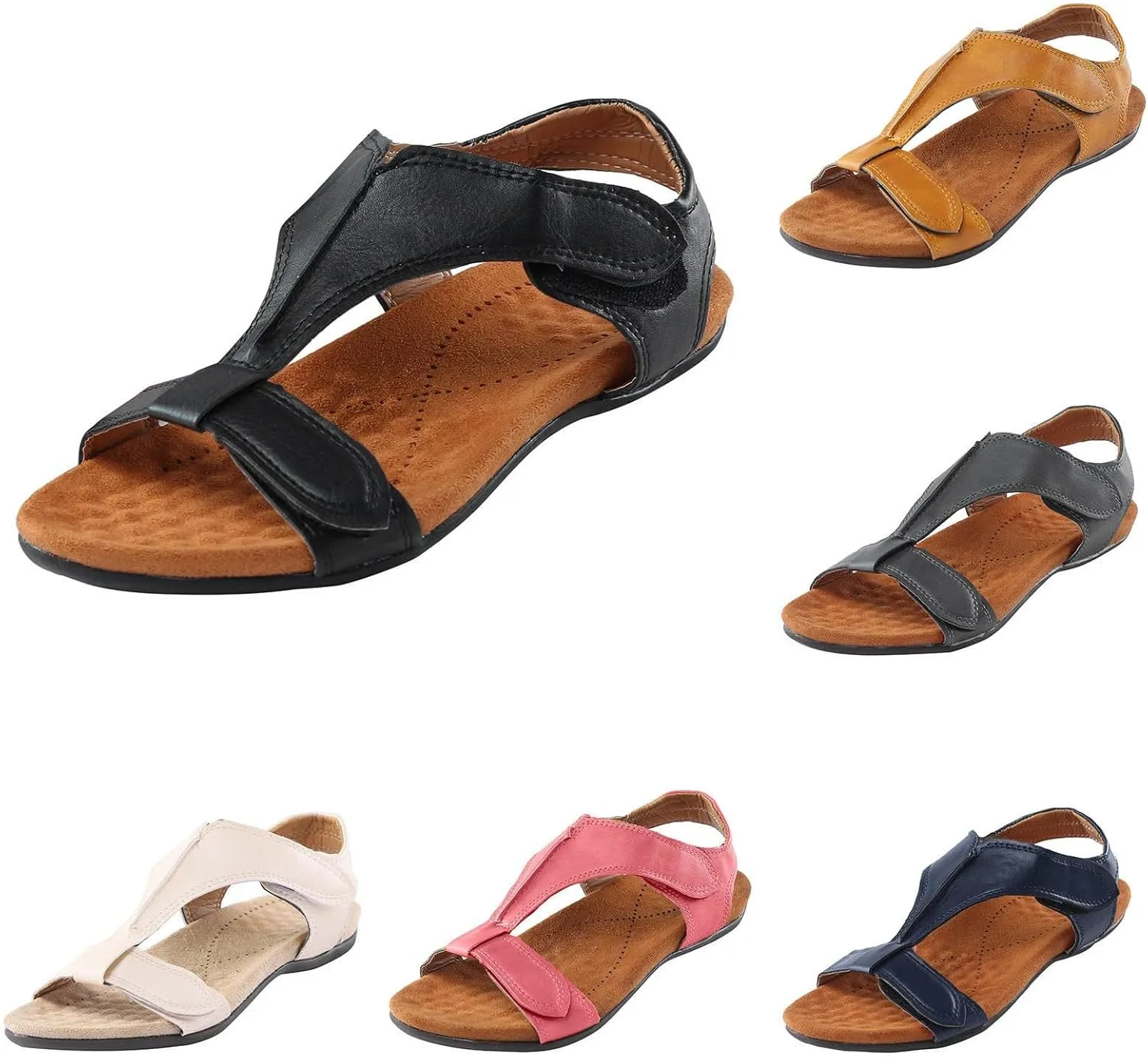 Orthowalkway Womens Comfy Orthotic Sandals Arch Support T-Strap Orthopedic Sandals Summer Casual Beach Flat Shoes