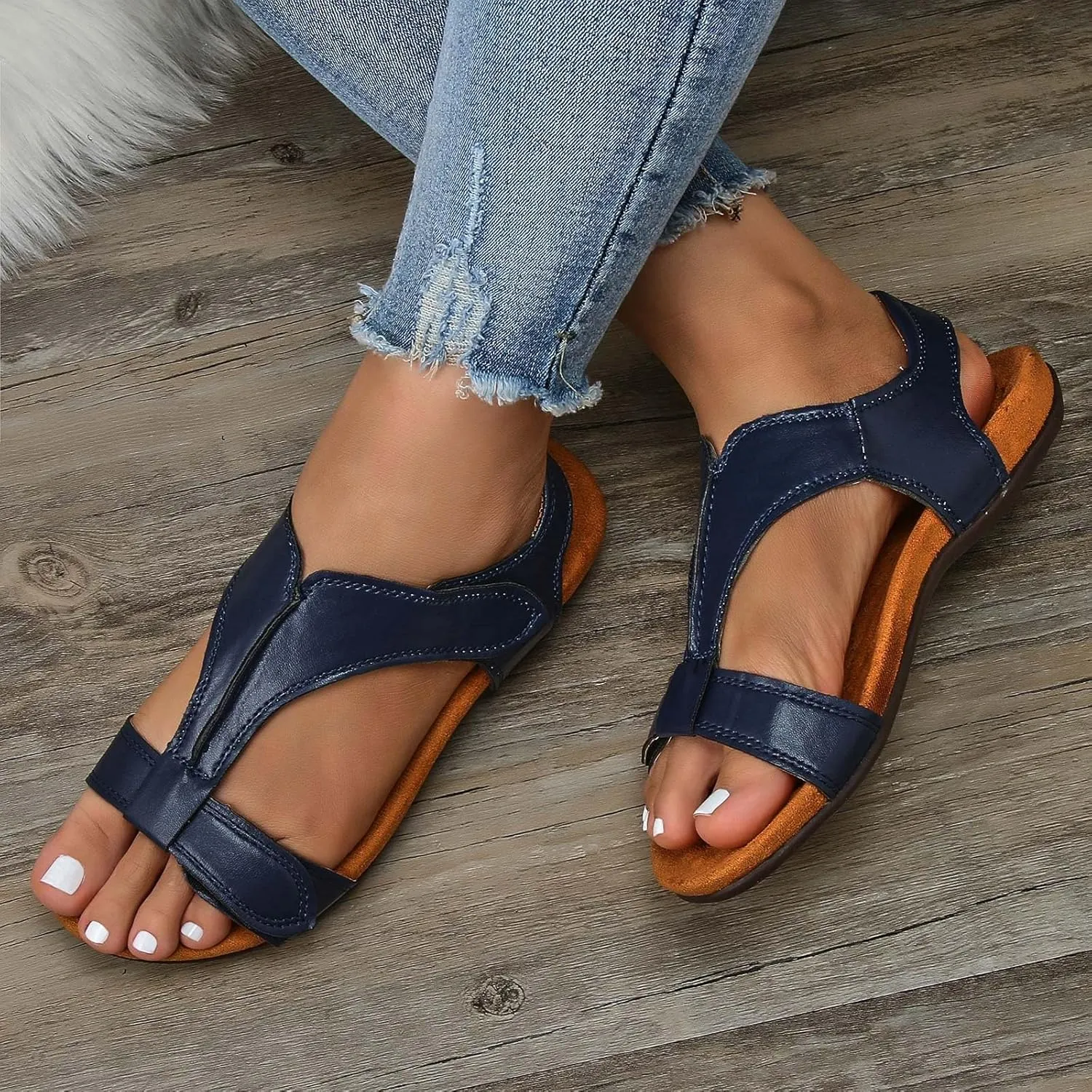 Orthowalkway Womens Comfy Orthotic Sandals Arch Support T-Strap Orthopedic Sandals Summer Casual Beach Flat Shoes