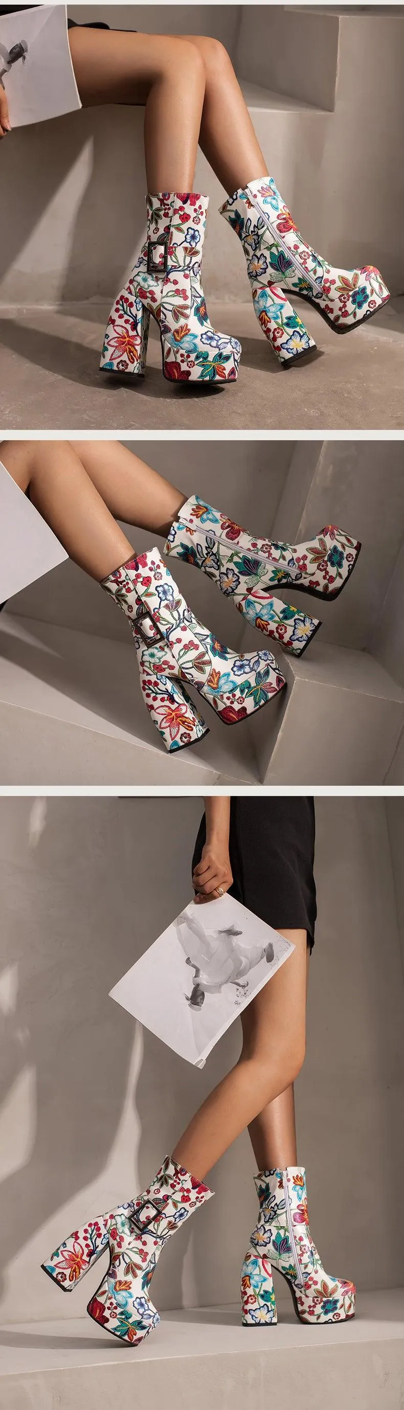Retro Platform Mid-Calf Floral Boots
