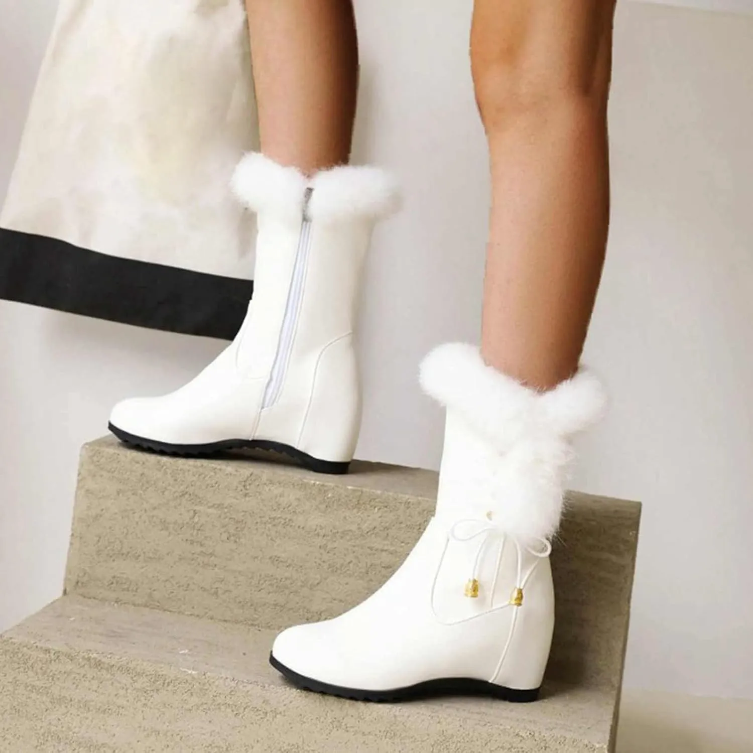 Solid Leather Boots for Women Plush Side Zipper Wedge Boots Water Proof Winter Wide Width Mid High Hiking Women