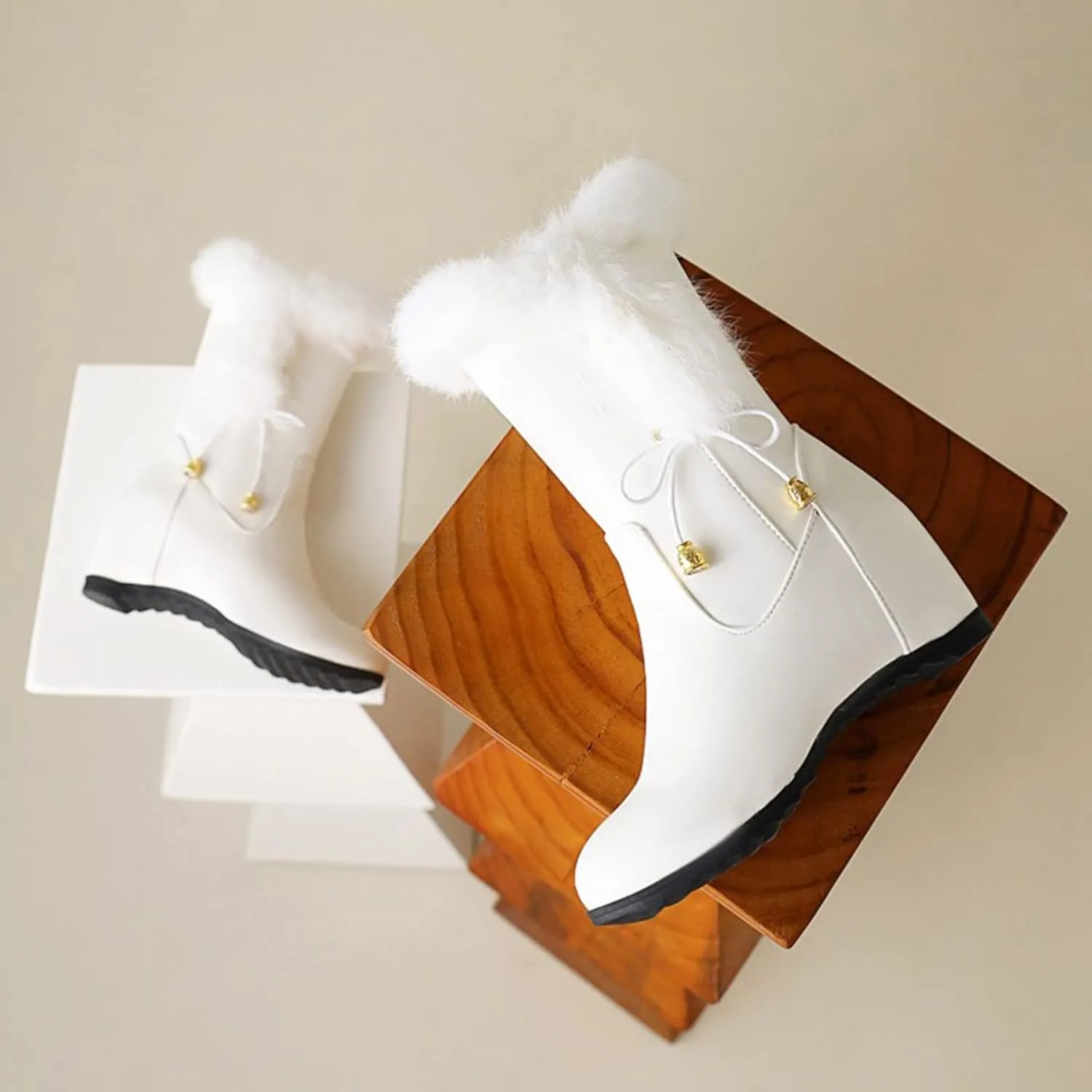 Solid Leather Boots for Women Plush Side Zipper Wedge Boots Water Proof Winter Wide Width Mid High Hiking Women