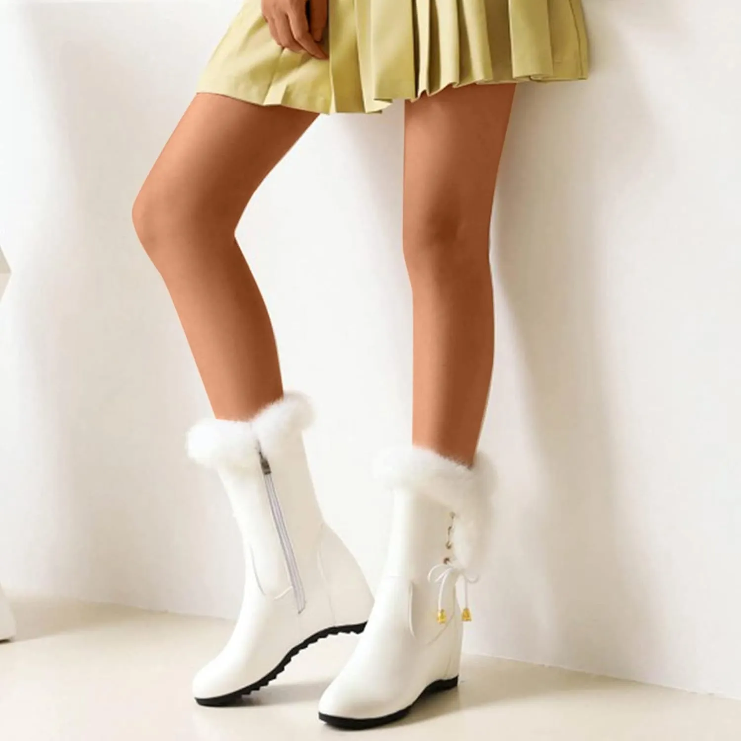 Solid Leather Boots for Women Plush Side Zipper Wedge Boots Water Proof Winter Wide Width Mid High Hiking Women