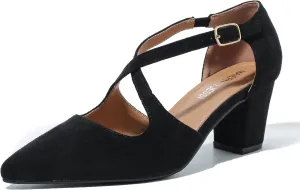 Women's Block Chunky Heel Pumps Cross Strap Closed Pinted Toe Low Heeled Dress Shoes
