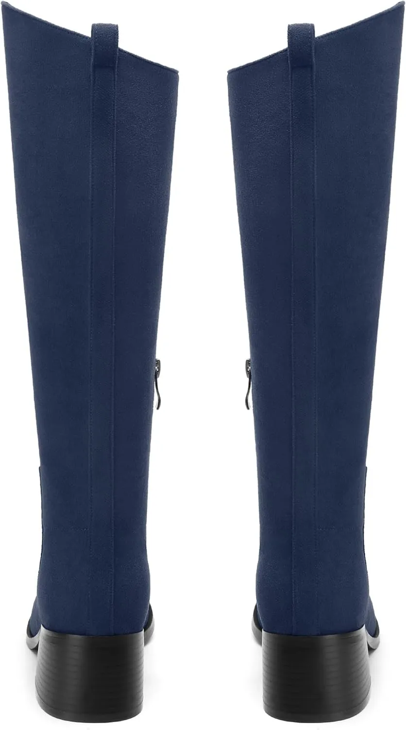 Womens Knee High Boots, Round Toe Low Block Heel Riding Boots, Cowboy Boots for Women, Chunky Heel Knee-high Tall Boots with Asymmetric Slant 2"