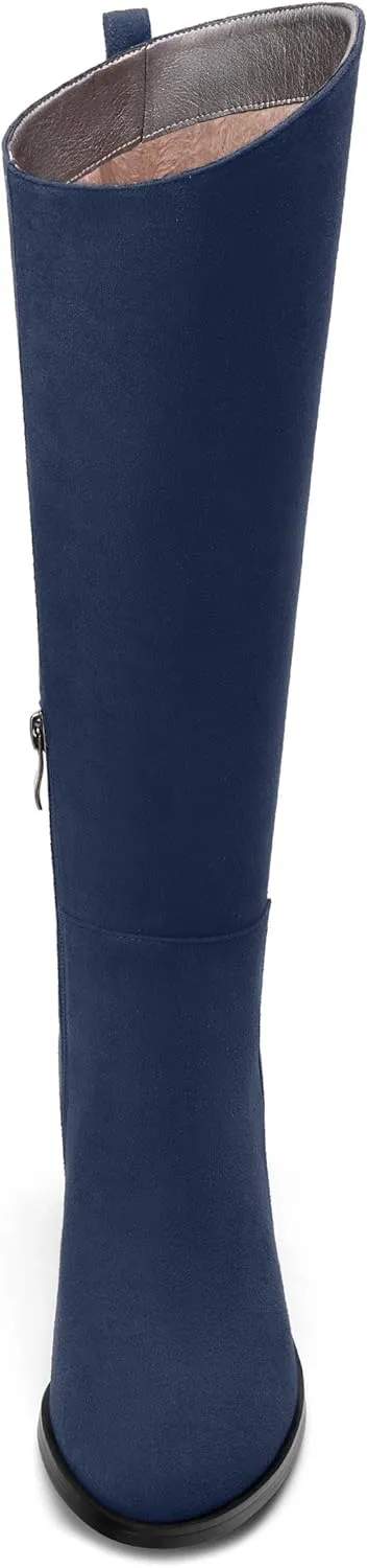 Womens Knee High Boots, Round Toe Low Block Heel Riding Boots, Cowboy Boots for Women, Chunky Heel Knee-high Tall Boots with Asymmetric Slant 2"