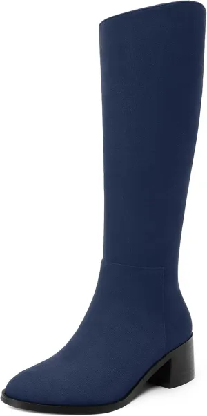 Womens Knee High Boots, Round Toe Low Block Heel Riding Boots, Cowboy Boots for Women, Chunky Heel Knee-high Tall Boots with Asymmetric Slant 2"