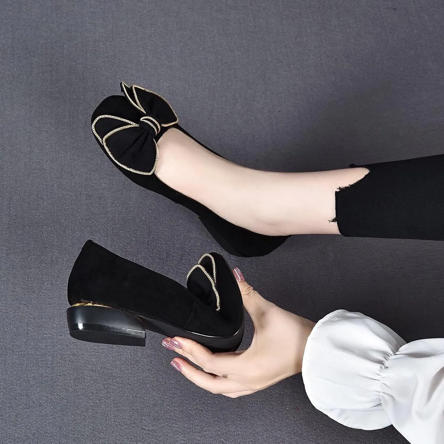 Women's Suede Bowknot Low Heeled Pumps Shoes,Fashion Pointed Toe Block Heeled Slip On Comfort Dressy Loafer Shoes