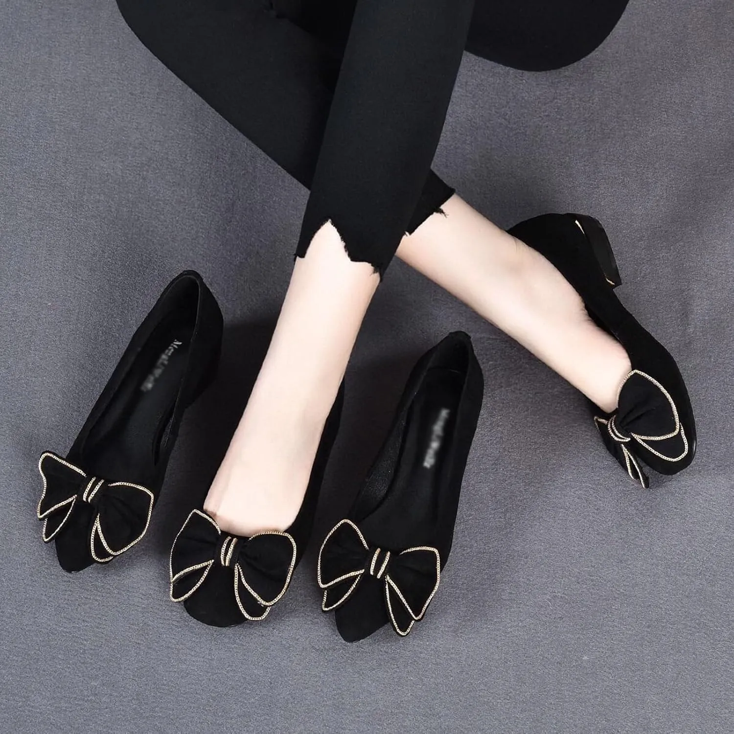 Women's Suede Bowknot Low Heeled Pumps Shoes,Fashion Pointed Toe Block Heeled Slip On Comfort Dressy Loafer Shoes