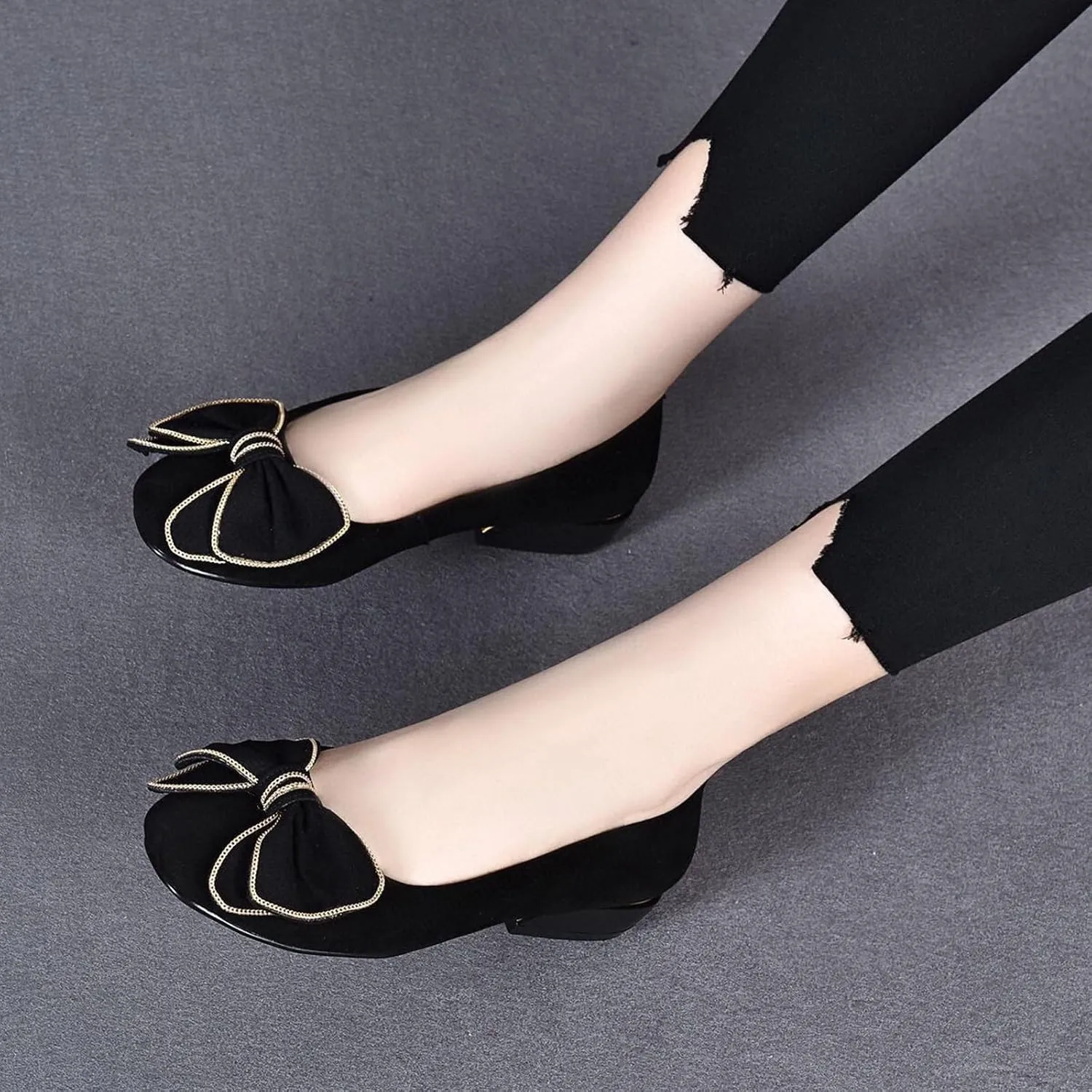 Women's Suede Bowknot Low Heeled Pumps Shoes,Fashion Pointed Toe Block Heeled Slip On Comfort Dressy Loafer Shoes