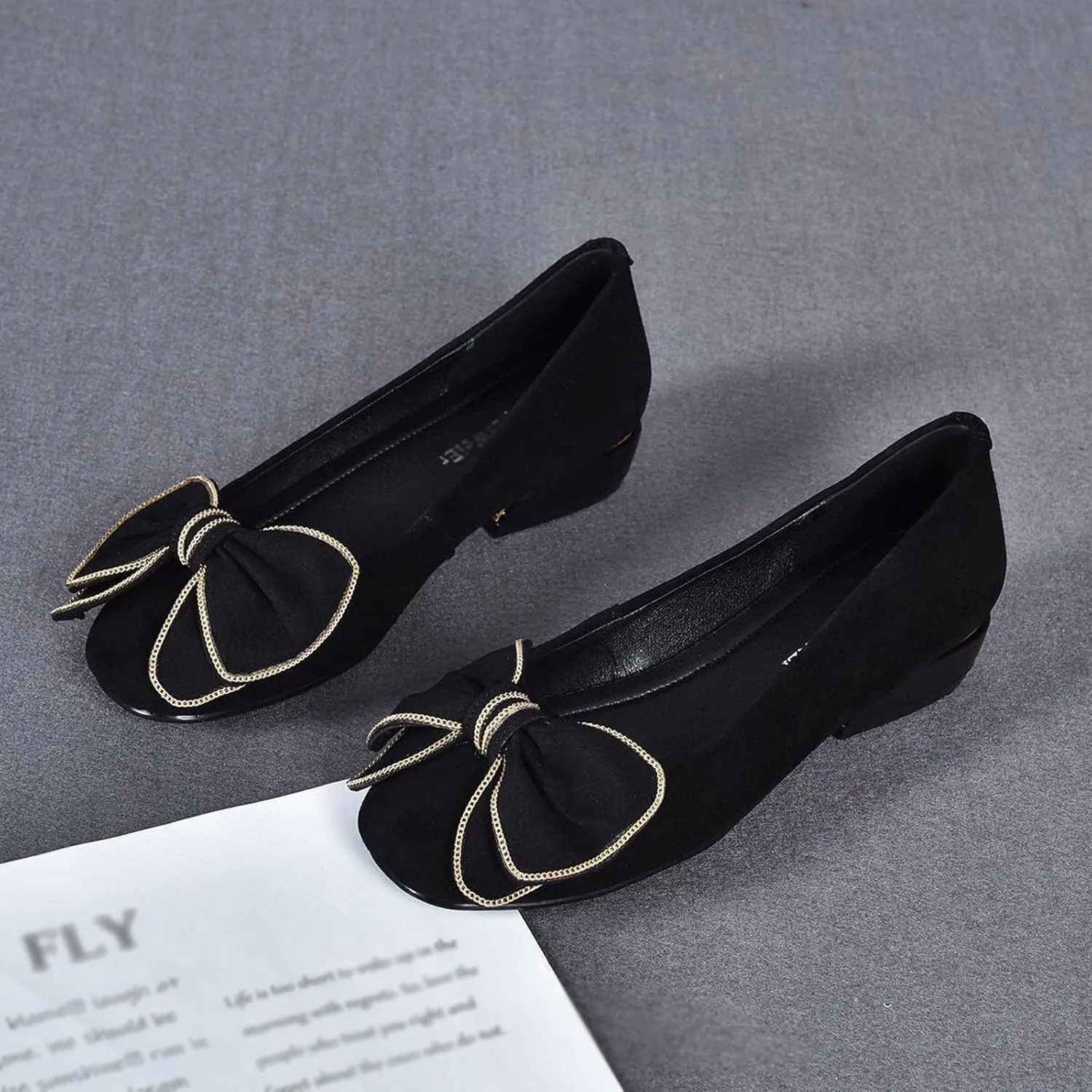 Women's Suede Bowknot Low Heeled Pumps Shoes,Fashion Pointed Toe Block Heeled Slip On Comfort Dressy Loafer Shoes