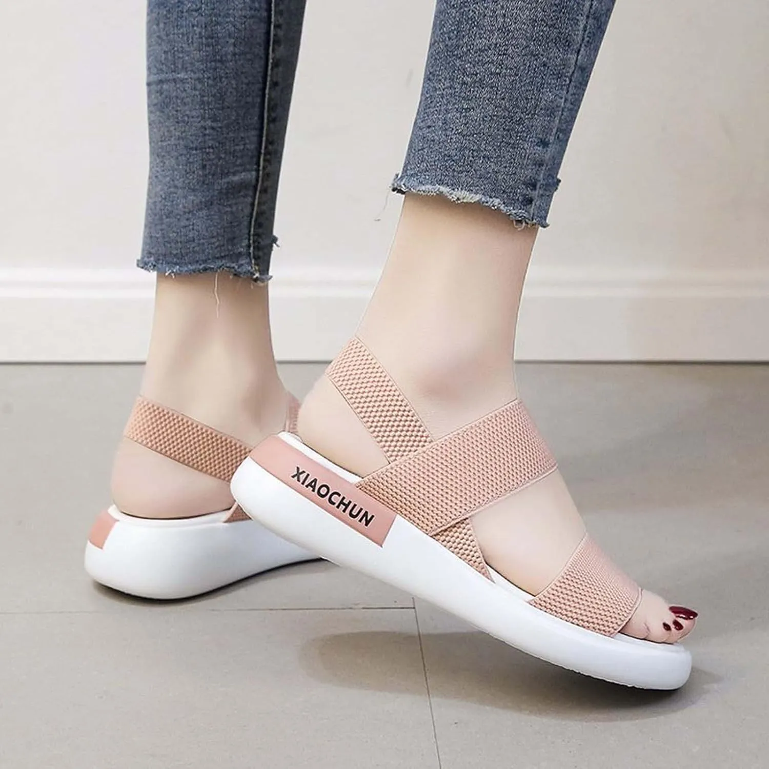 Women's Thick Strappy Sport Sandals High Elastic Ankle Strap Shoe Open Toe Platform Breathe Sandal Summer Beach Flats