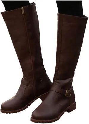 ZBYY Boots for Women Knee High Slouchy Wide Calf Round Toe Winter Boots Faux Leather Buckle Strap Low Heels Riding Combat Booties