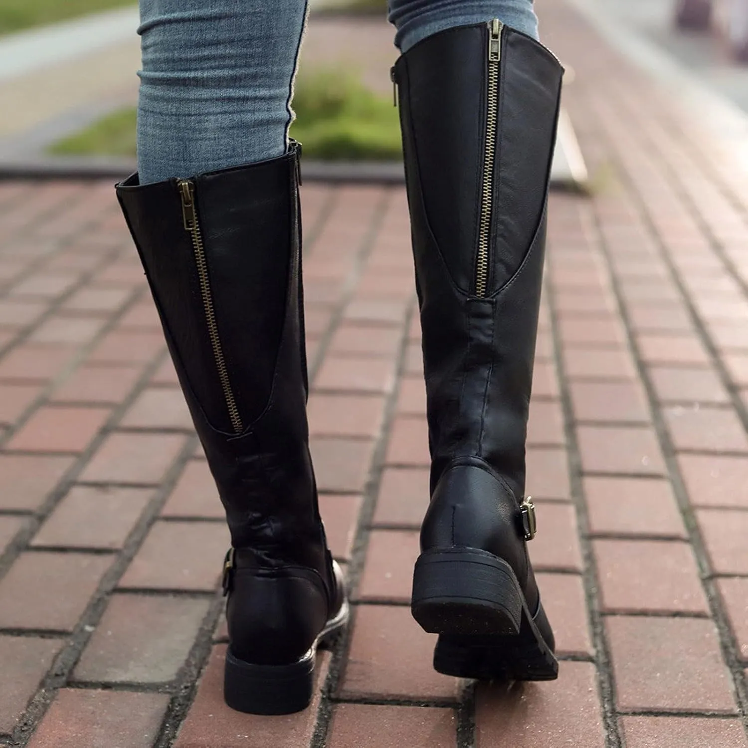 ZBYY Boots for Women Knee High Slouchy Wide Calf Round Toe Winter Boots Faux Leather Buckle Strap Low Heels Riding Combat Booties
