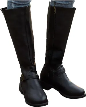ZBYY Boots for Women Knee High Slouchy Wide Calf Round Toe Winter Boots Faux Leather Buckle Strap Low Heels Riding Combat Booties
